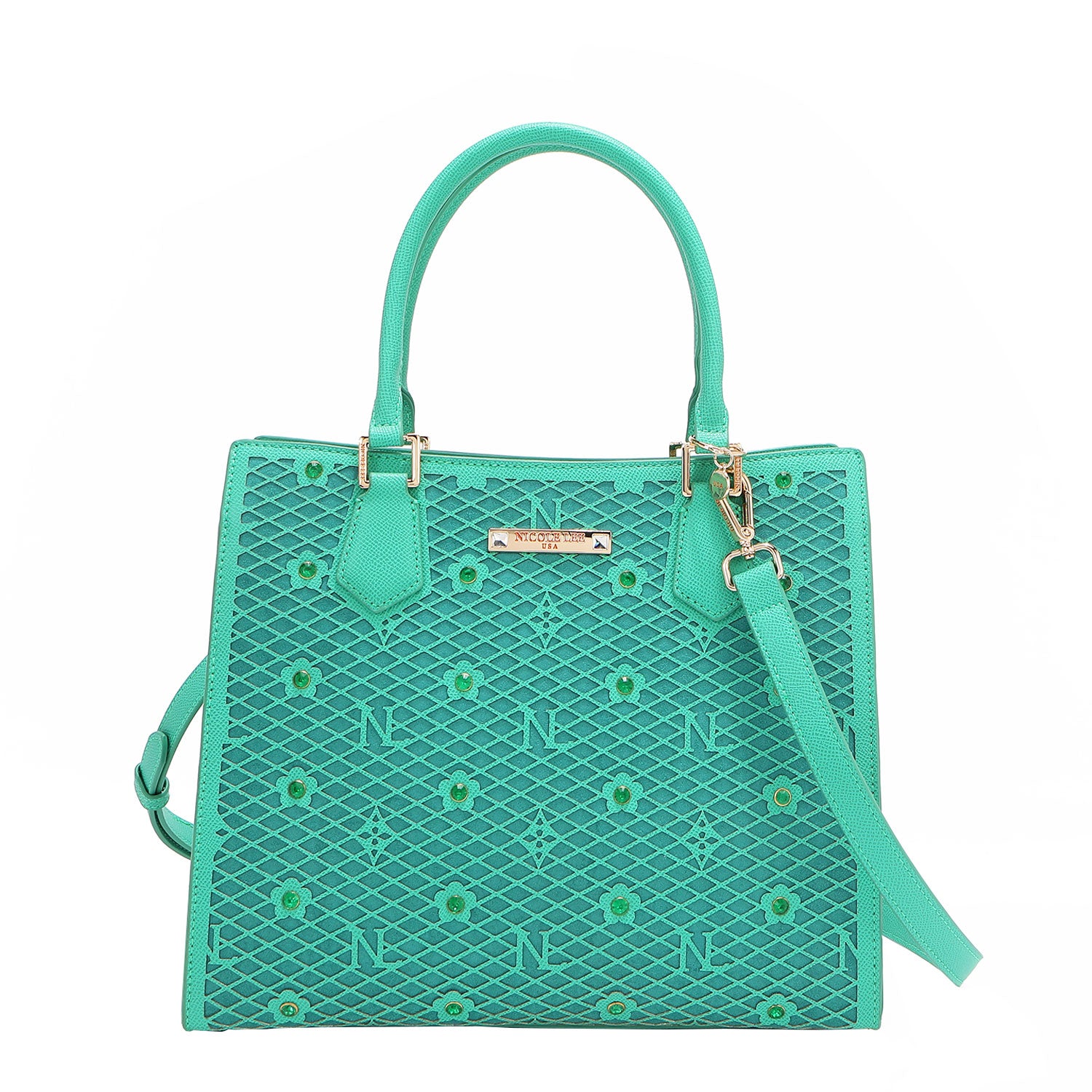 BOTTOM OF OUR GRACIE STRUCTURED TOTE IN EMERALD COLOR AND GOLD-TONE HARDWARE