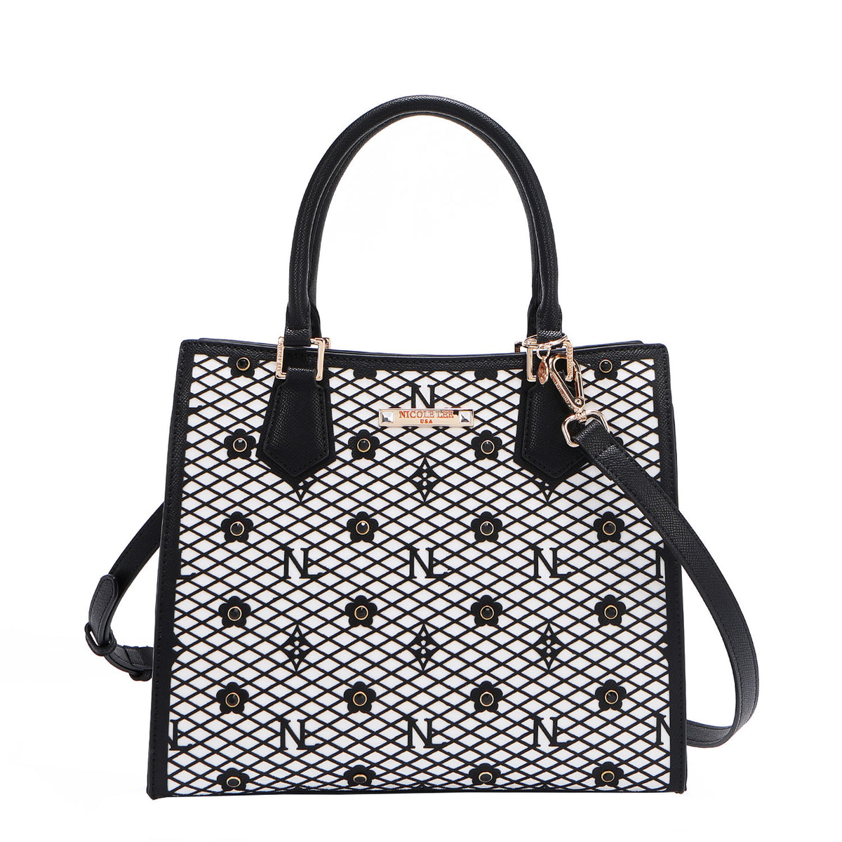 OUR GRACIE STRUCTURED TOTE WITH LACER-CUT AND RHINESTONES DETAILS IN COLOR BLACK WITH STRAP.