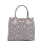 OUR GRACIE STRUCTURED TOTE WITH LACER-CUT AND RHINESTONES DETAILS IN COLOR PEWTER.