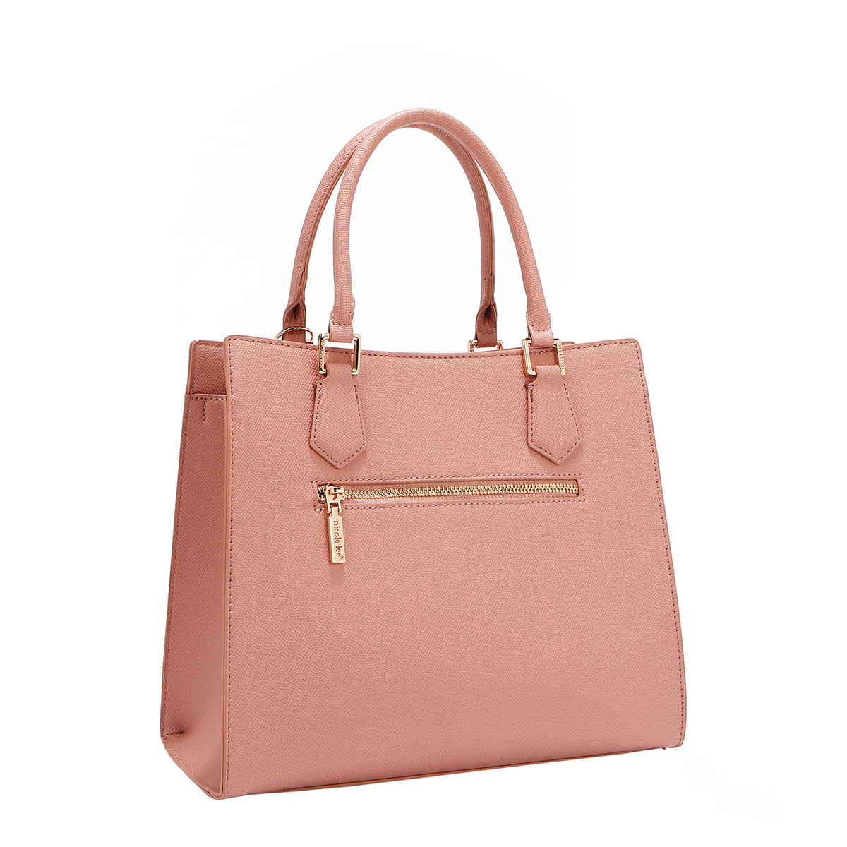 BACK OF OUR GRACIE STRUCTURED TOTE MADE WITH VEGAN LEATHER EXTERIOR.