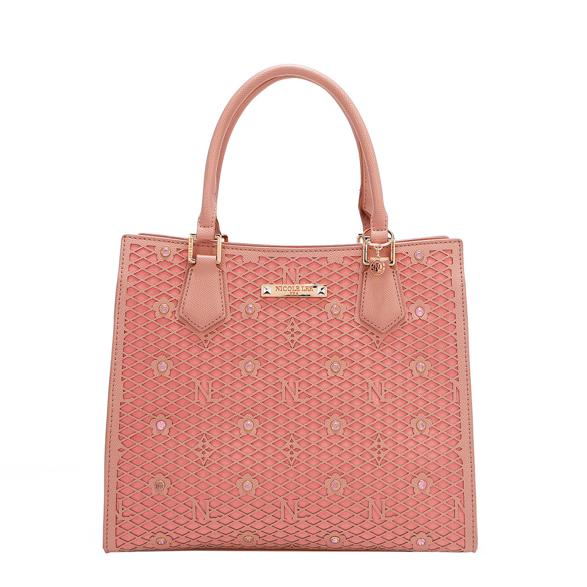 OUR GRACIE STRUCTURED TOTE WITH LACER-CUT AND RHINESTONES DETAILS IN COLOR PINK.