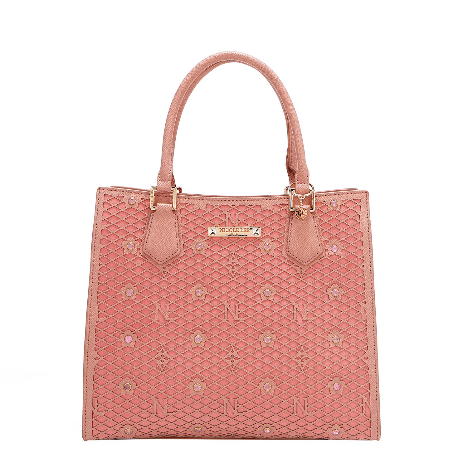 OUR GRACIE STRUCTURED TOTE WITH LACER-CUT AND RHINESTONES DETAILS IN COLOR PINK.