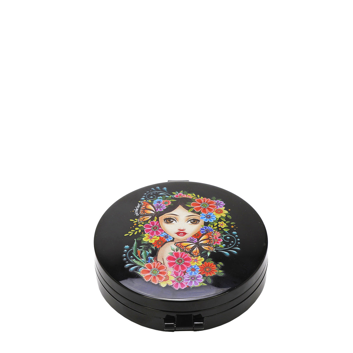 ROUND COMPACT MIRROR WITH OUR  ALMA DE COLORES DESIGN. HAS A BLACK BACKGROUND , IN THE MIDDLE IS A GIRL FACE WITH BLACK HAIR LOOKING AT YOU, SURROUNDED BY COLORFULL FLOWERS AND MONARCH BUTTERFLIES. 
