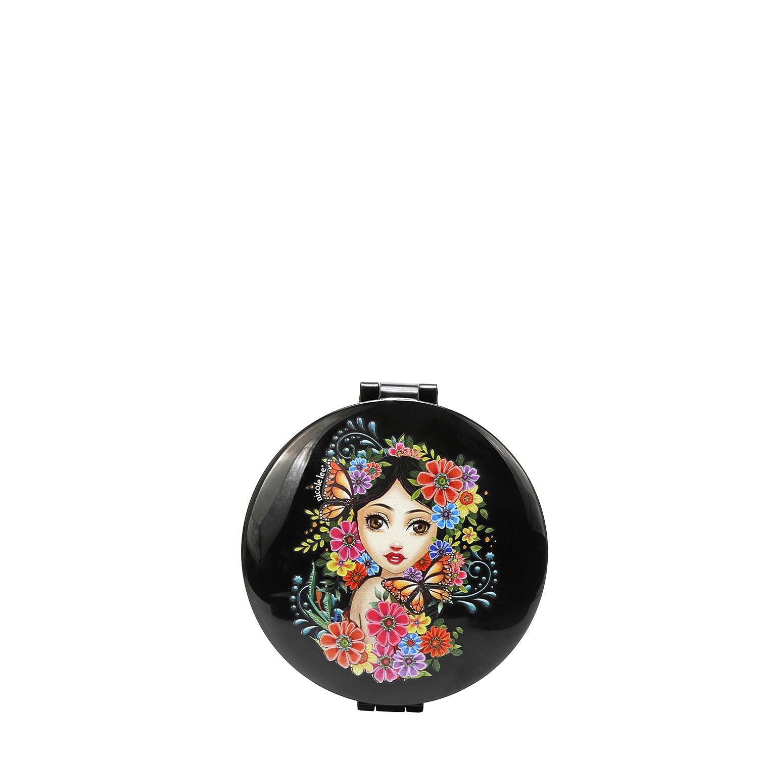 ROUND COMPACT MIRROR WITH OUR  ALMA DE COLORES DESIGN. HAS A BLACK BACKGROUND , IN THE MIDDLE IS A GIRL FACE WITH BLACK HAIR LOOKING AT YOU, SURROUNDED BY COLORFULL FLOWERS AND MONARCH BUTTERFLIES.