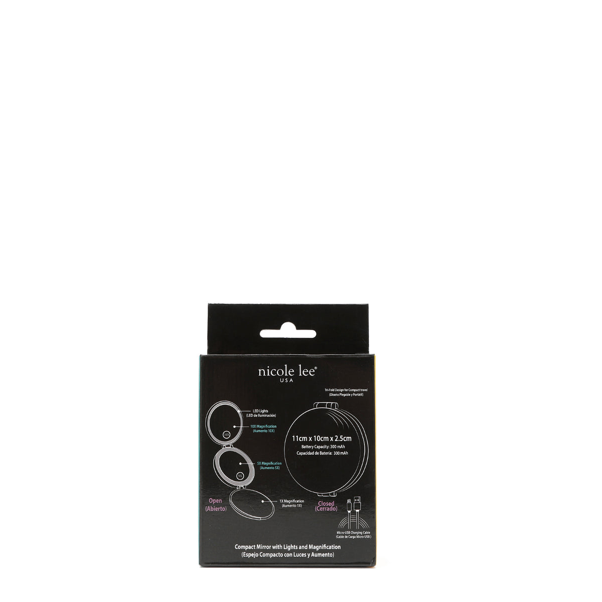 ON THE FRONT OF THE BOX, THE PARTS  AND DIMENSIONS OF THE MIRROR ARE DRAWN AND THEIR NAMES ARE WRITTEN IN SPANISH AND ENGLISH.