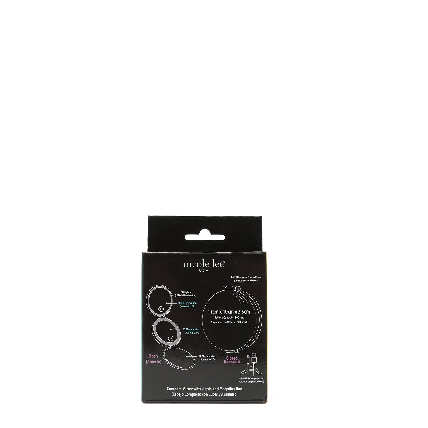 ON THE FRONT OF THE BOX, THE PARTS  AND DIMENSIONS OF THE MIRROR ARE DRAWN AND THEIR NAMES ARE WRITTEN IN SPANISH AND ENGLISH.