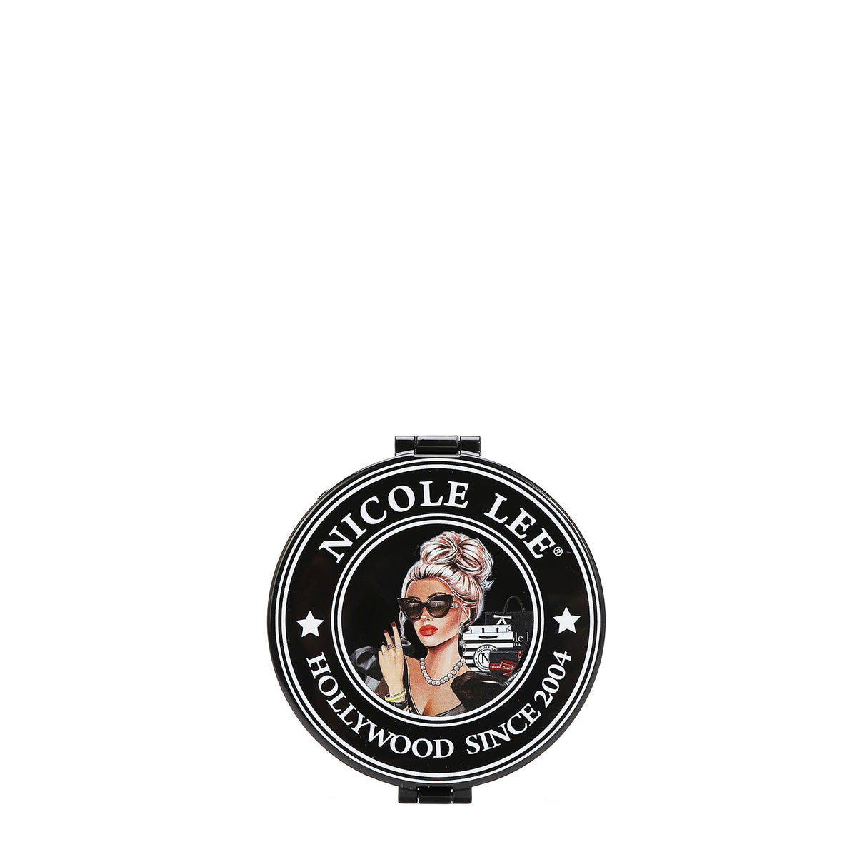 THE BACK OF THE MIRROR HAS THE NICOLE LEE SEAL IN OUR LADY IN BLACK DESIGN.