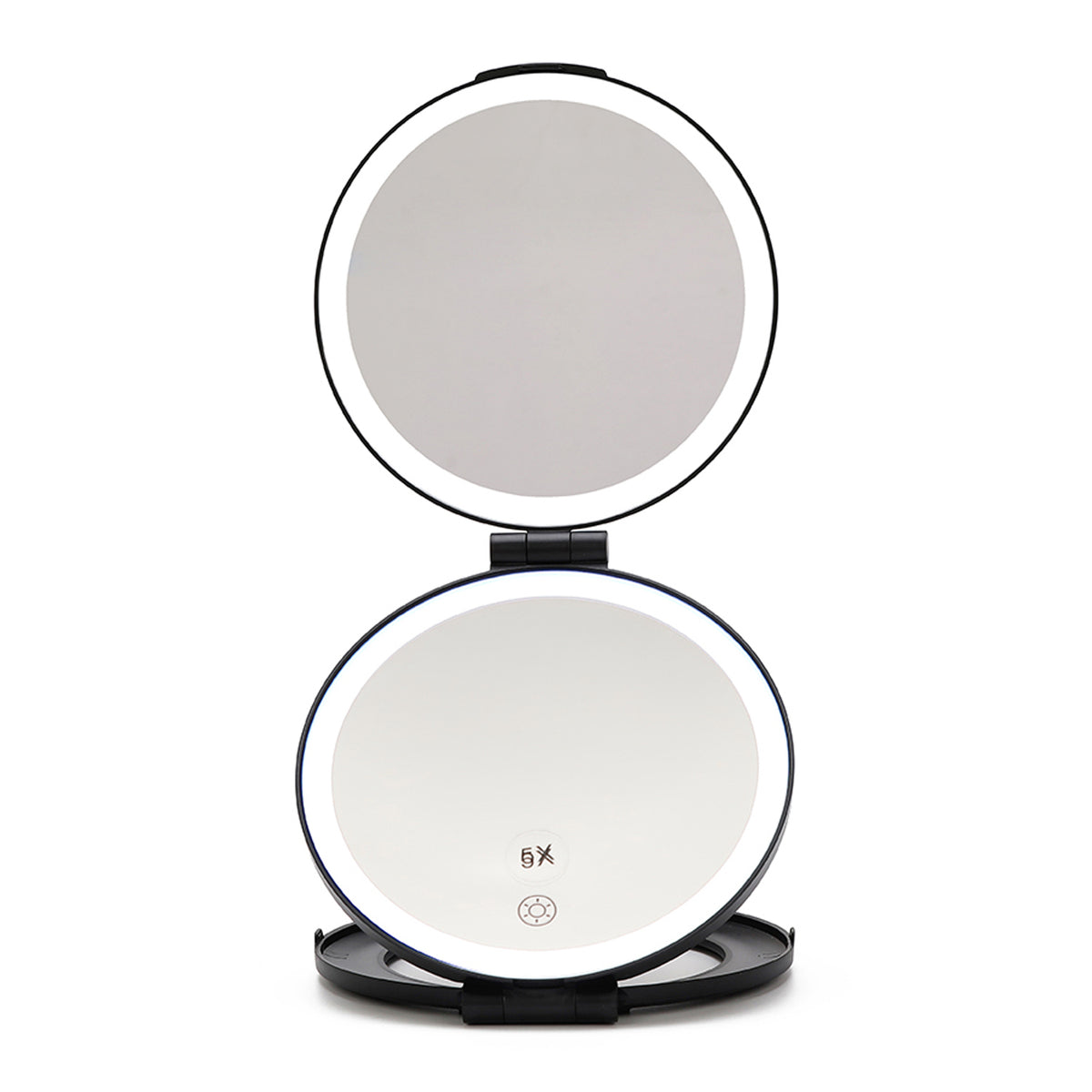 THE MIRROR IS OPEN, HAS DOUBLE MIRROR ,IT HAS LED LIGHTING THAT SURROUNDS EACH MIRROR WITH A SENSOR.