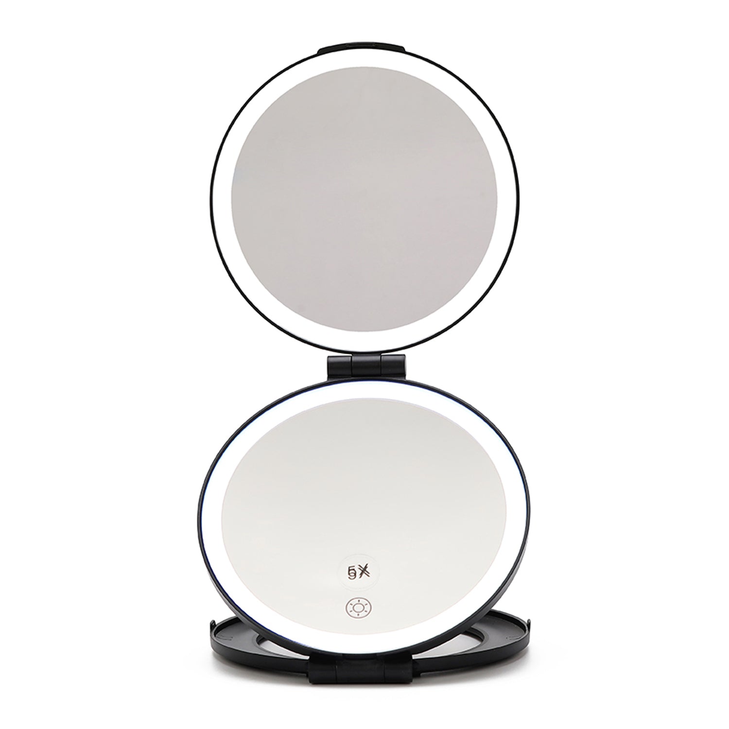 THE MIRROR IS OPEN, HAS DOUBLE MIRROR ,IT HAS LED LIGHTING THAT SURROUNDS EACH MIRROR WITH A SENSOR.