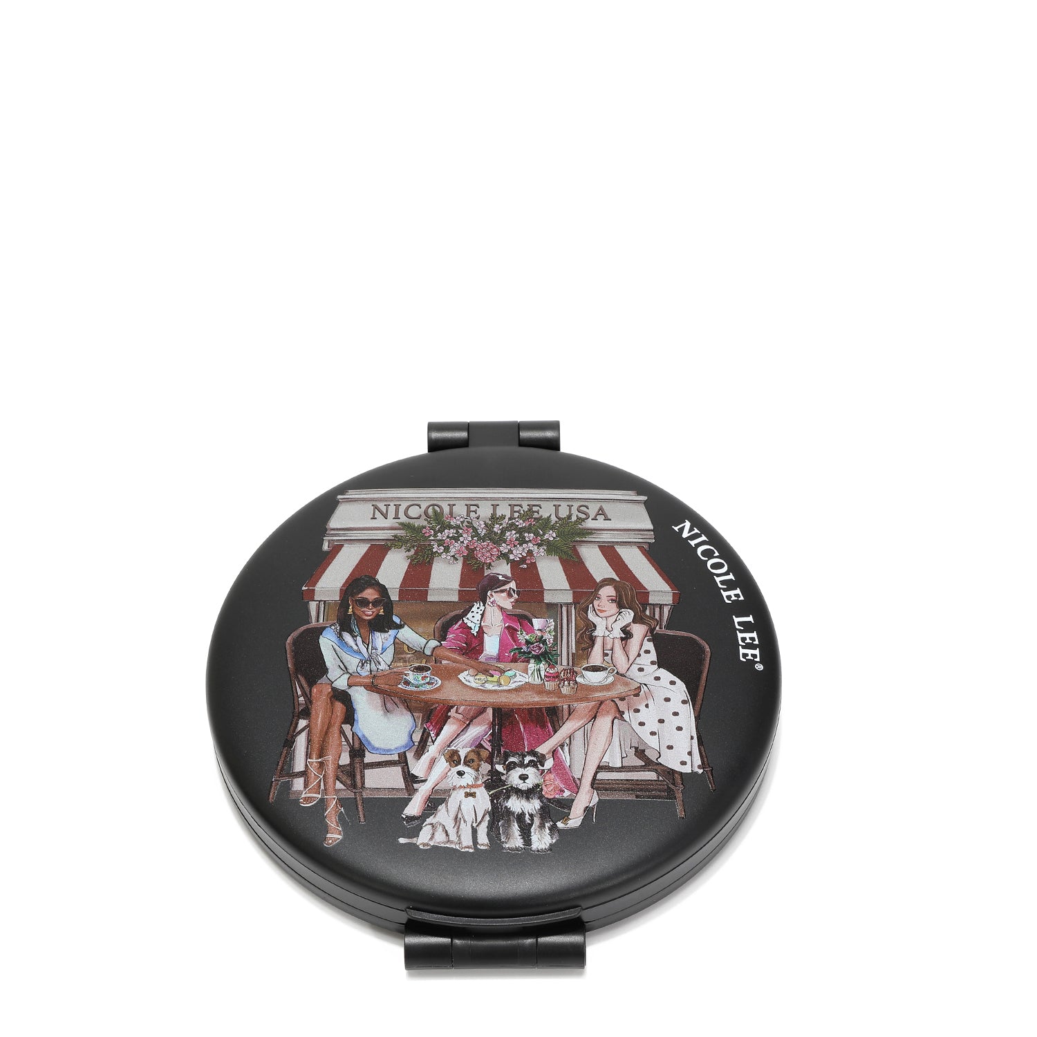 THE FRONT OF THE MIRROR HAS A BLACK BACKGROUND WITH 3 LADIES WEARING DRESSESS AND COATS. SITTING IN FRONT OF A BAKERY DRINKING COFFEE AND EATING BREAD. UNDER THE TABLE THERE'S 2 SCHNAUZER DOGS.