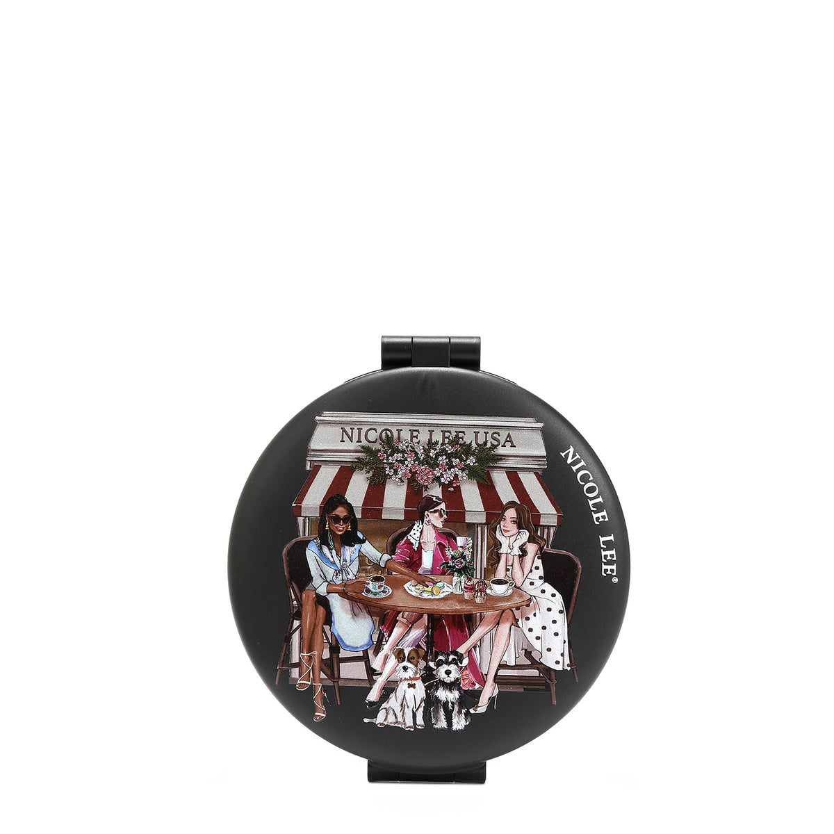 THE FRONT OF THE MIRROR HAS A BLACK BACKGROUND WITH 3 LADIES WEARING DRESSESS AND COATS. SITTING IN FRONT OF A BAKERY DRINKING COFFEE AND EATING BREAD. UNDER THE TABLE THERE'S 2 SCHNAUZER DOGS.