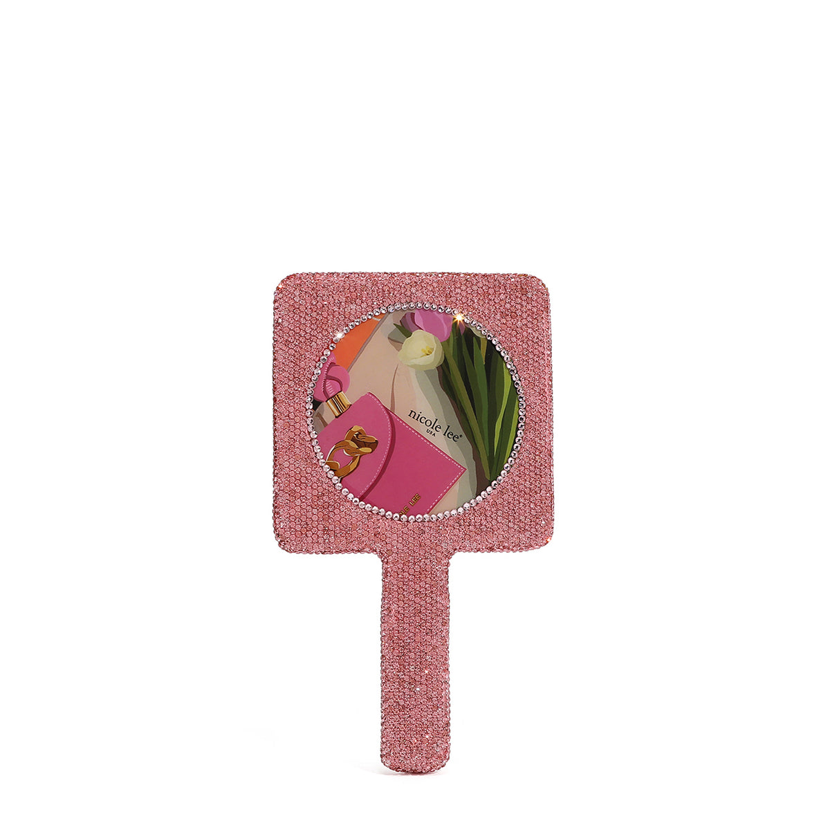 BACK OF OUR RECTANGLE HAND MIRROR IN OUR NICOLE LEE VIOLET BLOSSOM DESIGN COVER IN PINK RHINESTONES.