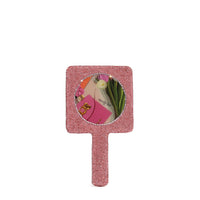 BACK OF OUR RECTANGLE HAND MIRROR IN OUR NICOLE LEE VIOLET BLOSSOM DESIGN COVER IN PINK RHINESTONES.