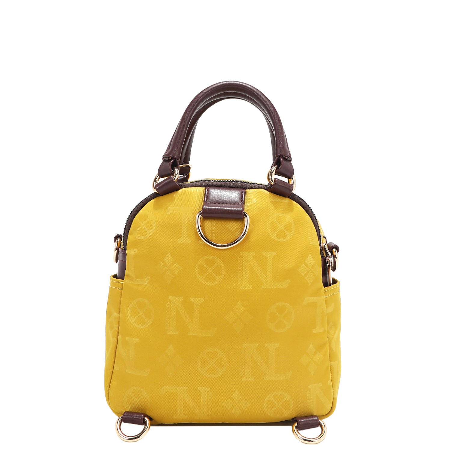 OUR NICOLE LEE MARGOT MULTI-WEAR DOME BAG IN YELLOW. THE BACK HAS D-RINGS FOR BACKPACK OR CROSSBODY WEAR.
