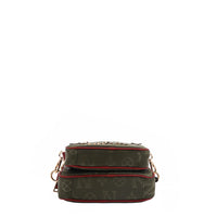 Lightweight, polyester exterior with vegan leather accents. 1 Large pouch and 1 Small pouch.