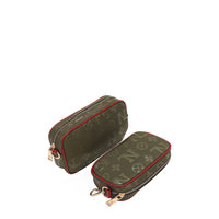 Lightweight, polyester exterior with vegan leather accents. 1 Large pouch and 1 Small pouch with Gold-tone hardware