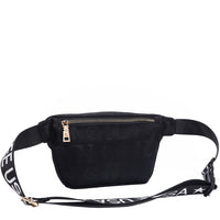 OUR NICOLE LEE MARGOT BELT BAG IN BLACK WITH STRAPS AND BACK ZIP POCKET.