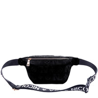 OUR NICOLE LEE MARGOT BELT BAG IN BLACK WITH STRAPS AND BACK ZIP POCKET.