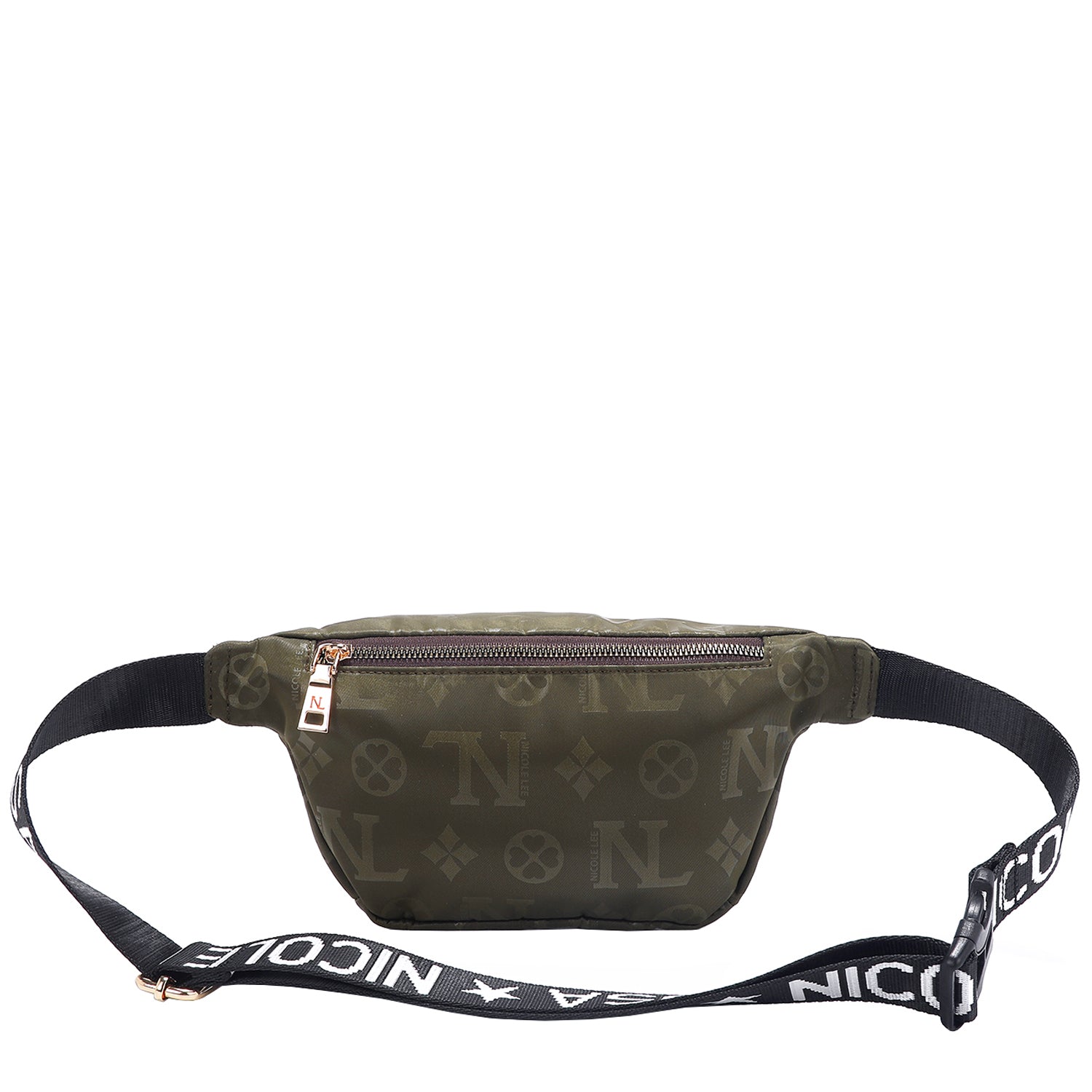 OUR NICOLE LEE MARGOT BELT BAG IN OLIVE WITH STRAPS AND BACK ZIP POCKET.