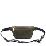 OUR NICOLE LEE MARGOT BELT BAG IN OLIVE WITH STRAPS AND BACK ZIP POCKET.