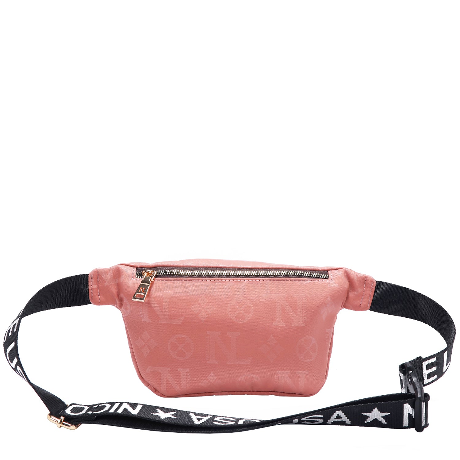 OUR NICOLE LEE MARGOT BELT BAG IN PINK WITH STRAPS AND BACK ZIP POCKET.