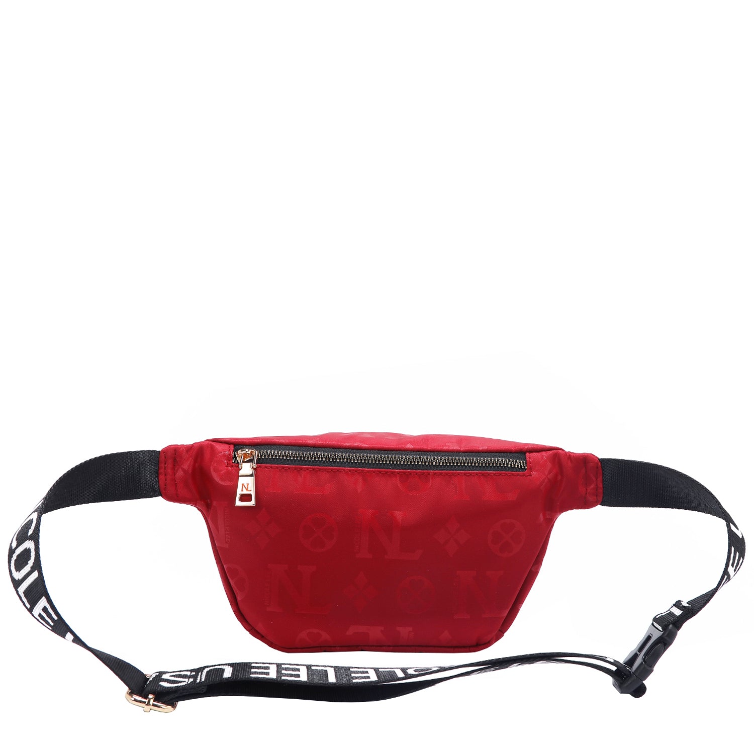 OUR NICOLE LEE MARGOT BELT BAG IN RED WITH STRAPS AND BACK ZIP POCKET.