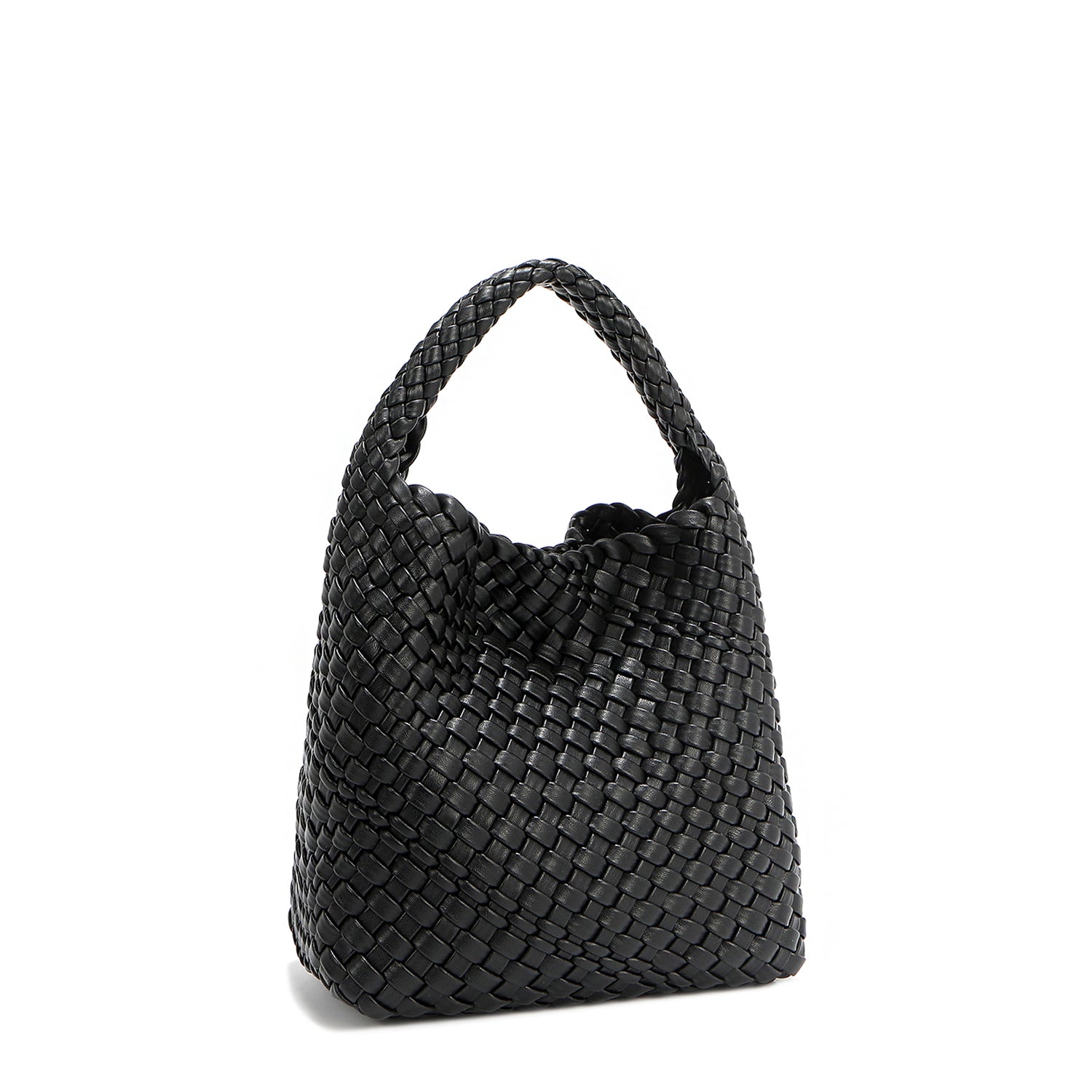 Back angle of Juni handbag crafted in braided vegan leather in classic, timeless black with a top handle (5" drop) and open slip compartment secured with a magnetic snap closure. Slouchy, relaxed silhouette offers a chic and laid-back yet refined look.