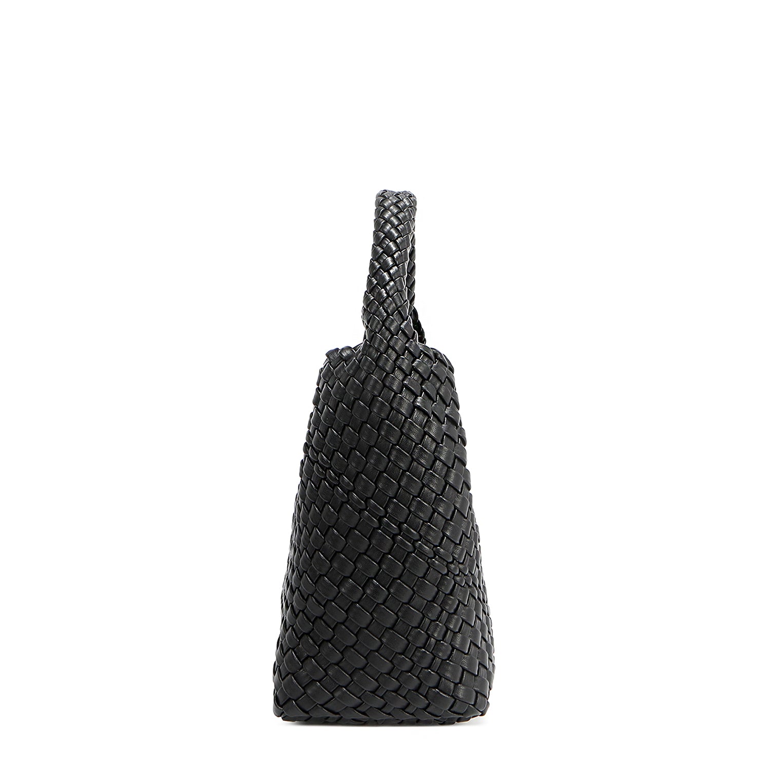 Side silhouette of Juni handbag crafted in braided vegan leather in classic, timeless black with a top handle (5" drop). Slouchy, relaxed silhouette offers a chic and laid-back yet refined look.