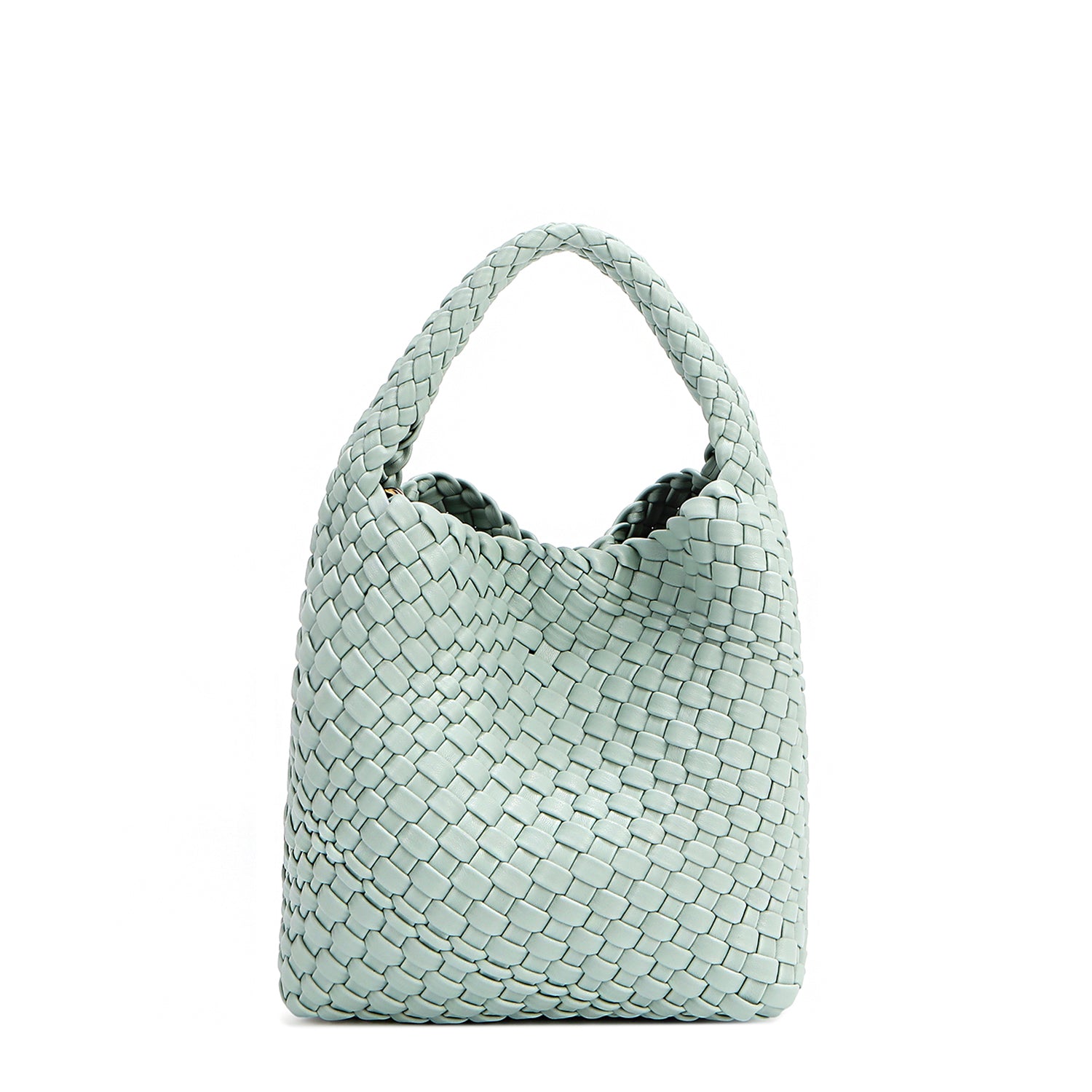 Juni handbag crafted in braided vegan leather in pastel, dusty blue with a top handle (5" drop) and open slip compartment secured with a magnetic snap closure. Slouchy, relaxed silhouette offers a chic and laid-back yet refined look.
