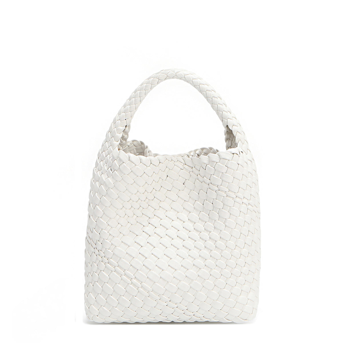 Juni handbag crafted in braided vegan leather in classic, timeless white with a top handle (5" drop) and open slip compartment secured with a magnetic snap closure. Slouchy, relaxed silhouette offers a chic and laid-back yet refined look.