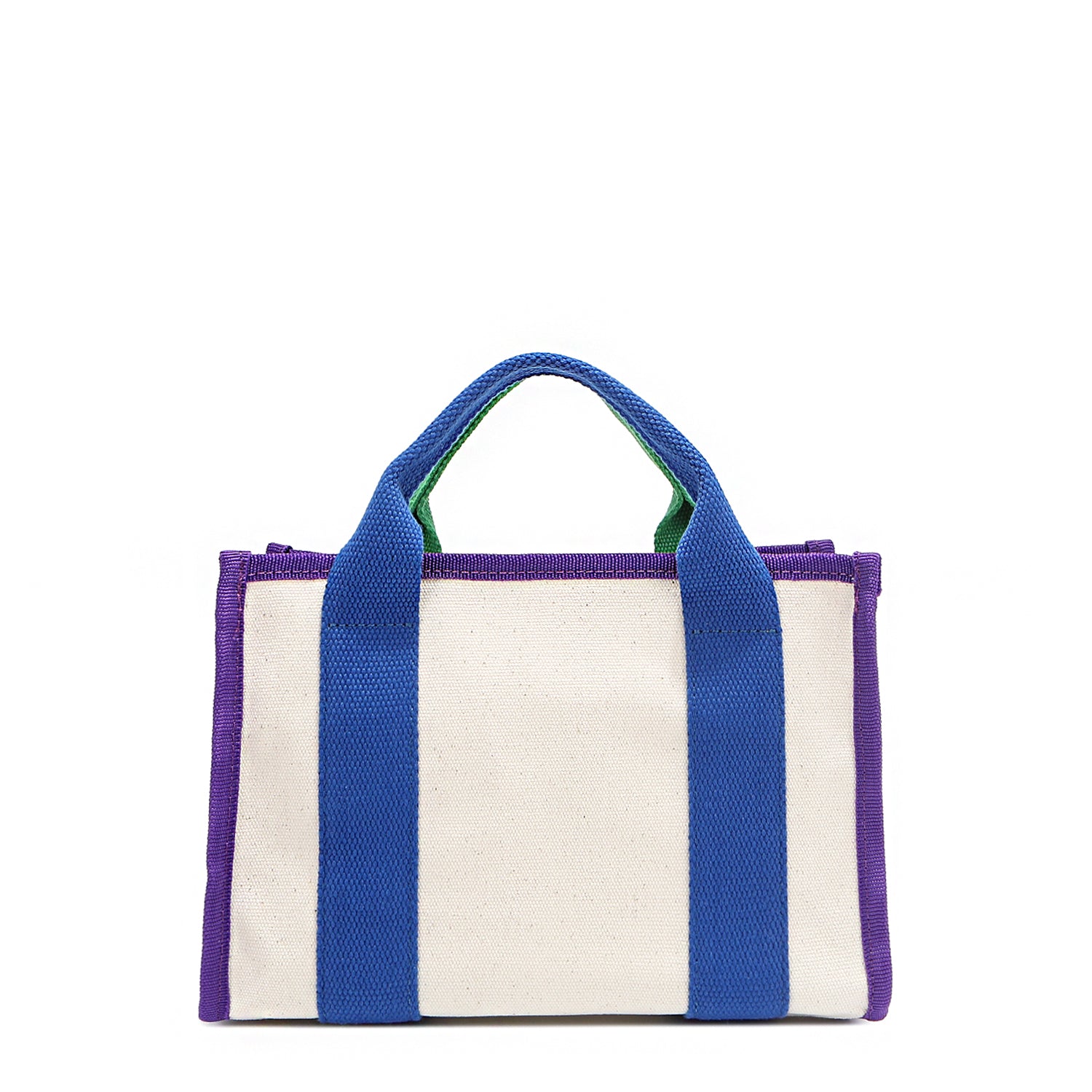 Back of the Rowan bag by Nodu Nadu by Nicole Lee. A bold mix of colors like vivid green, electric blue and vibrant purple trim evoke a sense of fun and lots of personality to mix and match your style. Dual top handles with a 3" drop allow you to carry this statement bag by the top handles. Pictured in classic beige that compliments any look, regardless of the season. 