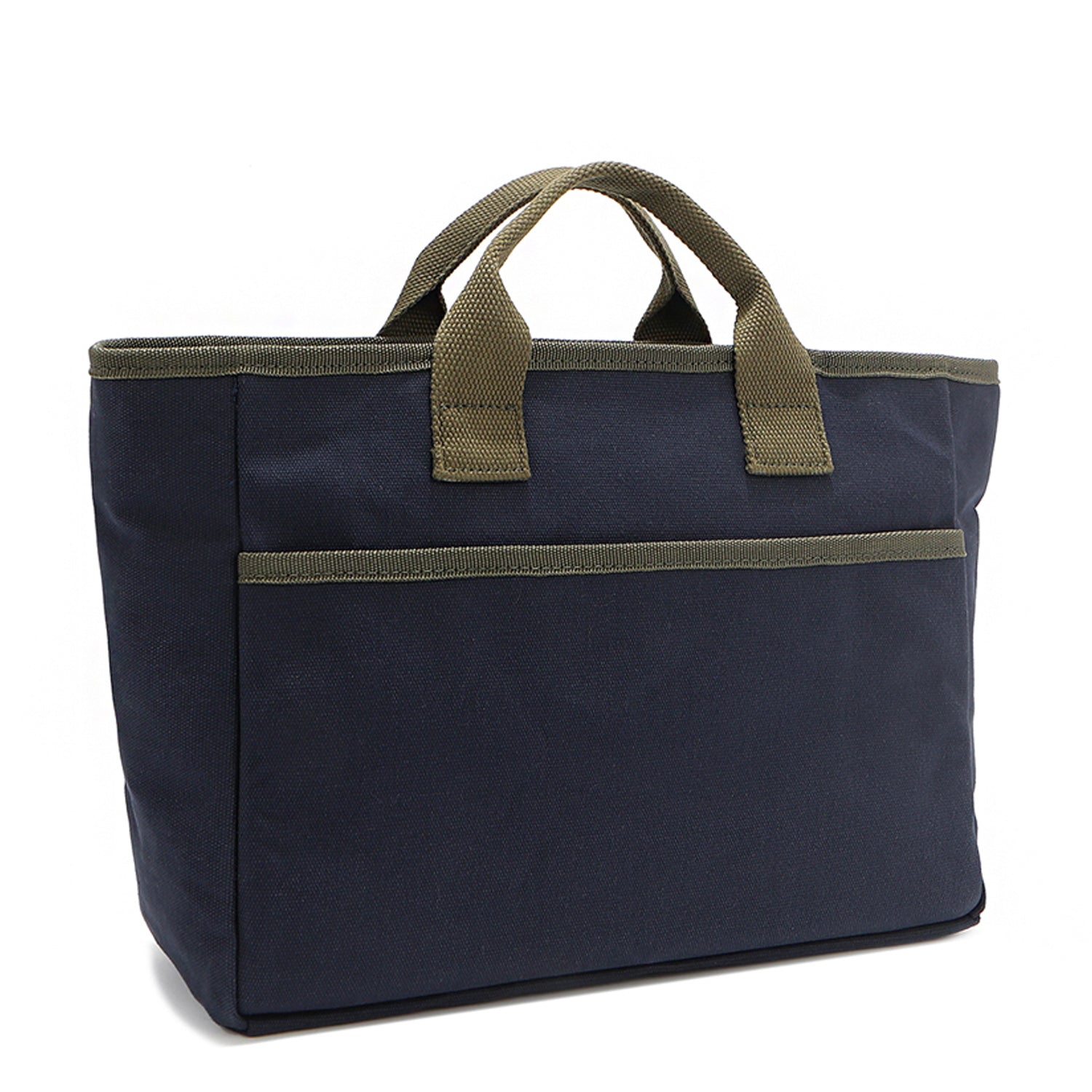 Back angle of the Emery Nodu Nadu tote bag in classic navy blue with moss green trim and dual straps. An open slip compartment in the back allows you to store items like your keys, journal, and more for convenient access. Rectangular silhouette for a classic, timeless feel. 