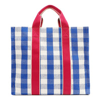 Nodu Nadu Blair Bag in Blue from the rear – showing full blue and white gingham print and durable pink canvas dual straps. Durable construction, rectangular silhouette, and fashionable for everyday wear. 