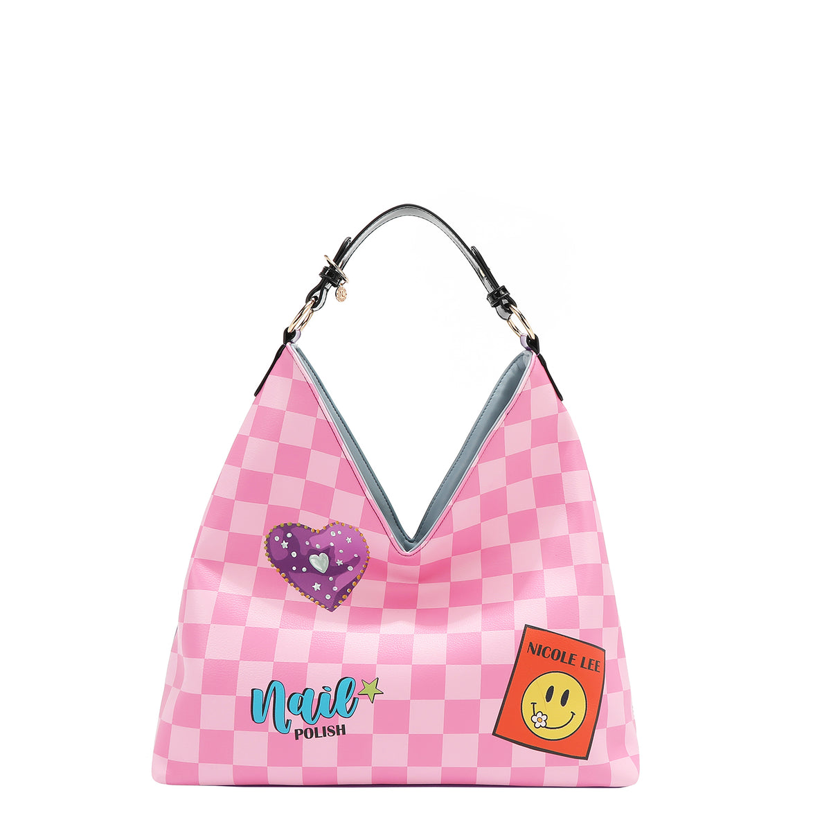 OUR HOBO BAG IN OUR NICOLE LEE NAIL POLISH DESIGN. PINK CHECKER PRINT WITH A YELLOW SMILE FACE AND A PURPLE HEART.