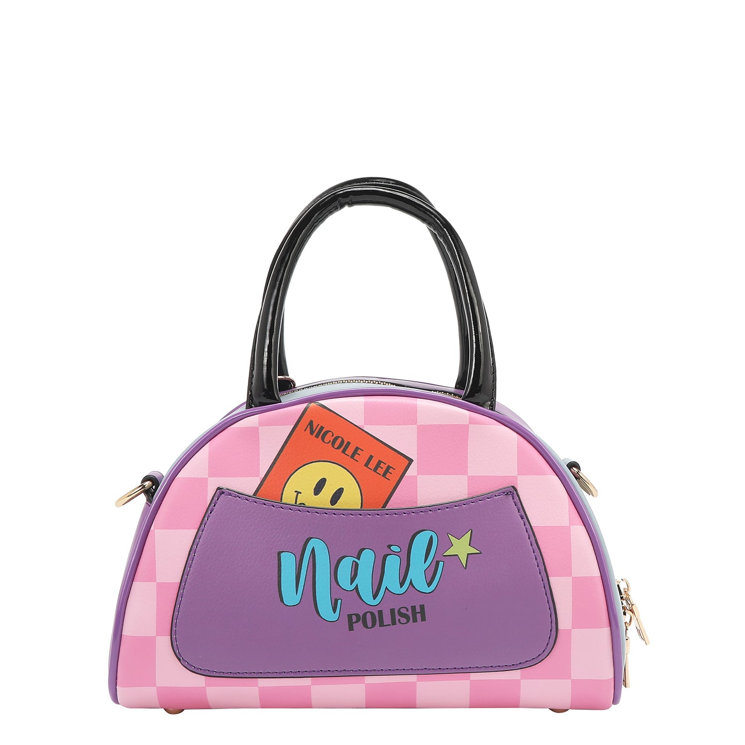 THE BACK OF OUR NAIL POLISH MINI DOME BAG IN A PINK CHECKER PRINT AND HAS A BACK  PURPLE SLIP POCKET.
