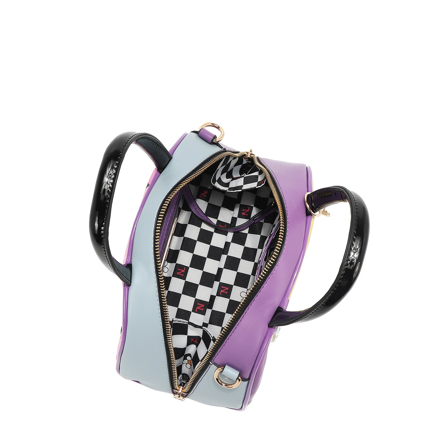 A VIEW FROM ABOVE ON OUR NAIL POLISH MINI DOME BAG EXCLUSIVE CHECKER PRINT INTERIOR LINING IN POLYESTER.