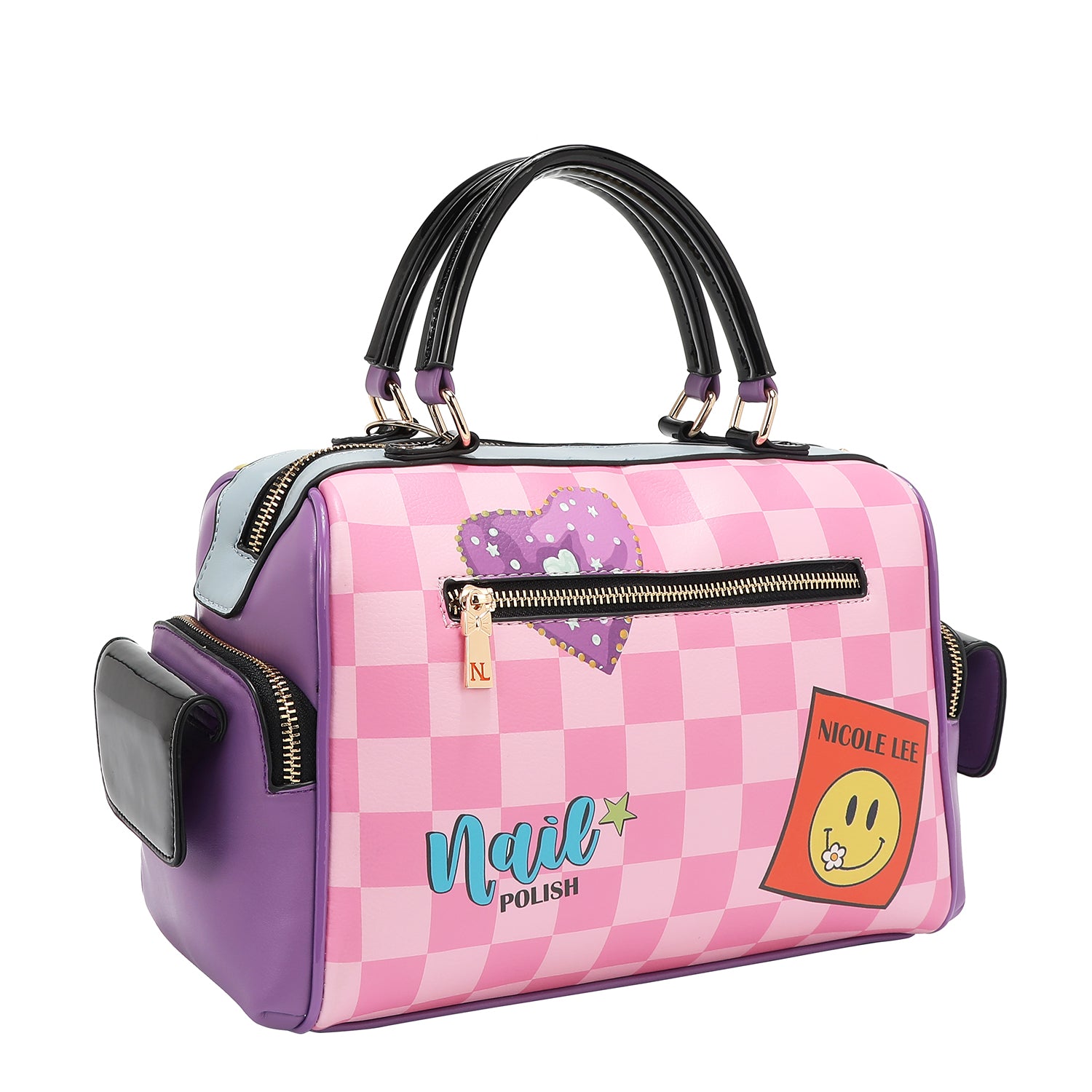 THE BACK OF OUR NAIL POLISH HANDBAG IN PINK CHECKER PRINT AND WITH SLIP POCKET. PINK CHECKER PRINT.
