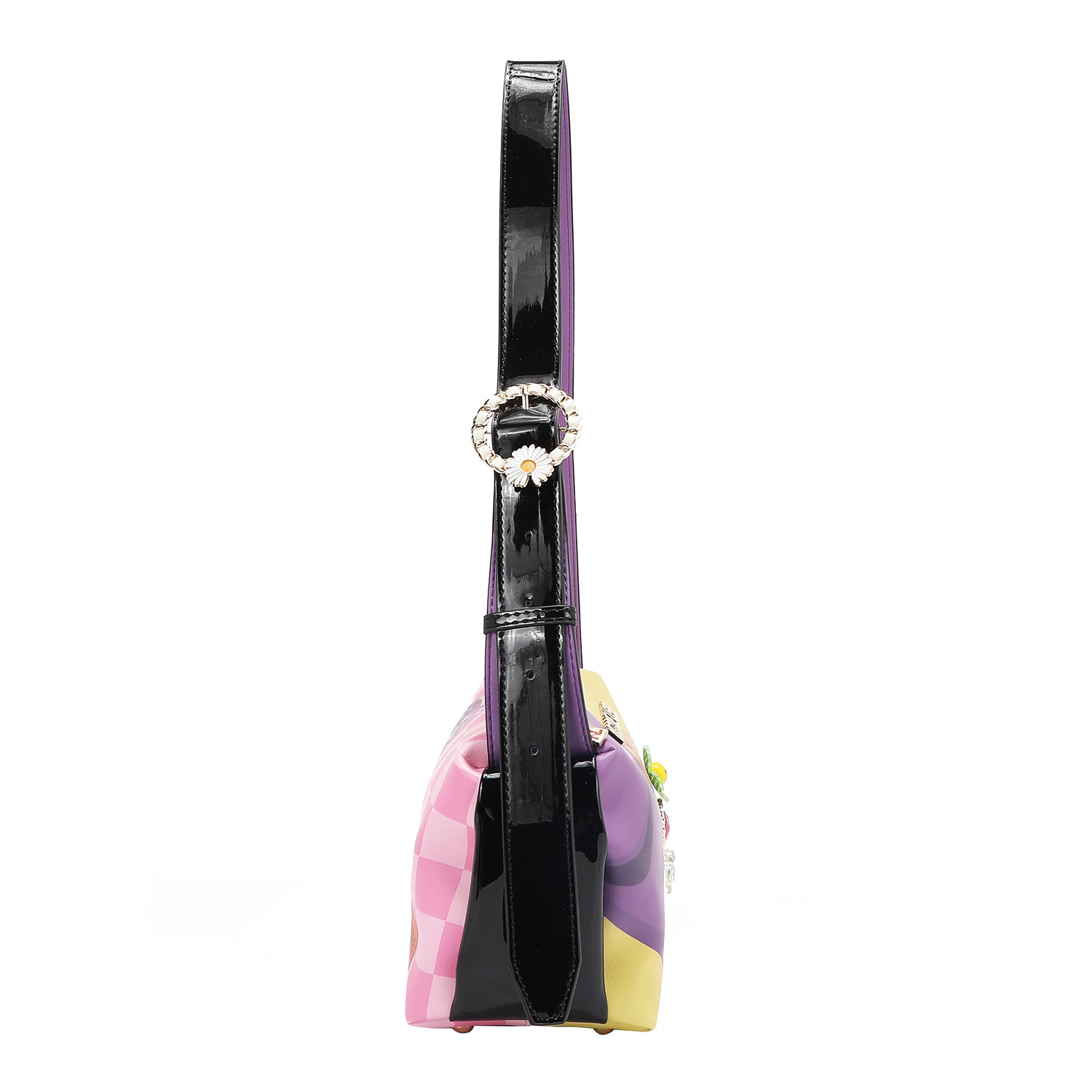 Side profile view of the Our Nail Polish shoulder bag, featuring a black abd purple strap, with embellishments and gold-tone hardware.