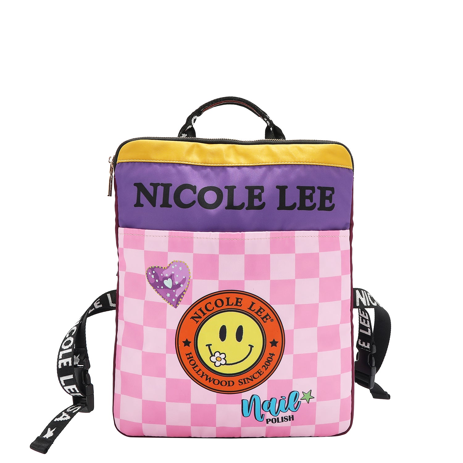 BACK OF OUR NICOLE LEE NAIL POLISH LUGGAGE HARNESS DESING HAS A PINK CHECKERED BACKGROUND WITH A SMAILE FACE IN THE MIDDLE AND A PURPLE HEART NEXT TO IT.