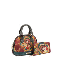 Front angle of the vegan leather the Queen dome-shaped crossbody and matching print bifold zip wallet, part of THE QUEEN 3 PIECE SET (Handbag, Crossbody, Wallet). A captivating and stunning baroque-inspired print of a style queen fit for the royal family. Burgundy red and dark teal colorway with gray accents finished with a  subtle metallic effect for a touch of shimmer wherever you go. 
