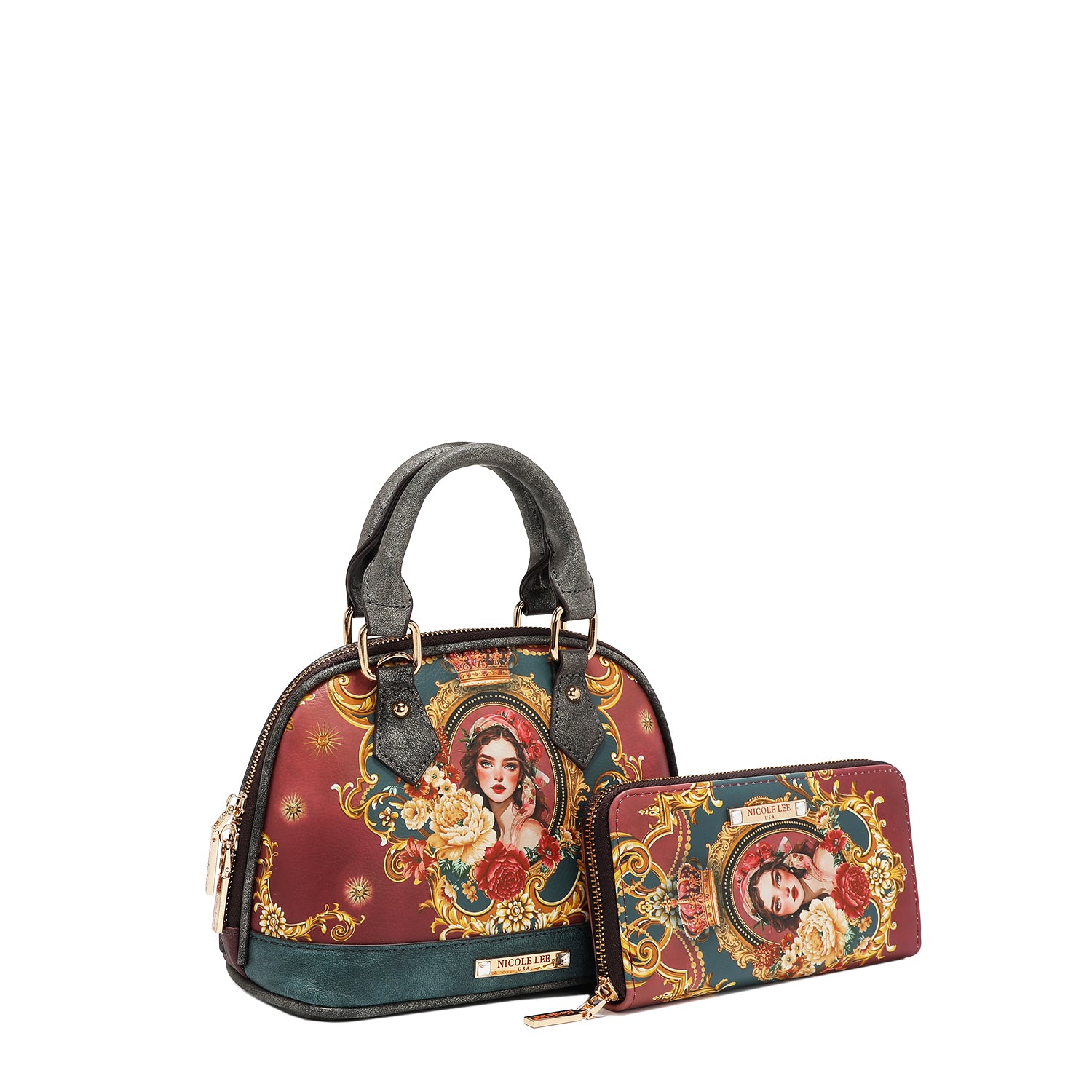 Front angle of the vegan leather the Queen dome-shaped crossbody and matching print bifold zip wallet, part of THE QUEEN 3 PIECE SET (Handbag, Crossbody, Wallet). A captivating and stunning baroque-inspired print of a style queen fit for the royal family. Burgundy red and dark teal colorway with gray accents finished with a  subtle metallic effect for a touch of shimmer wherever you go. 