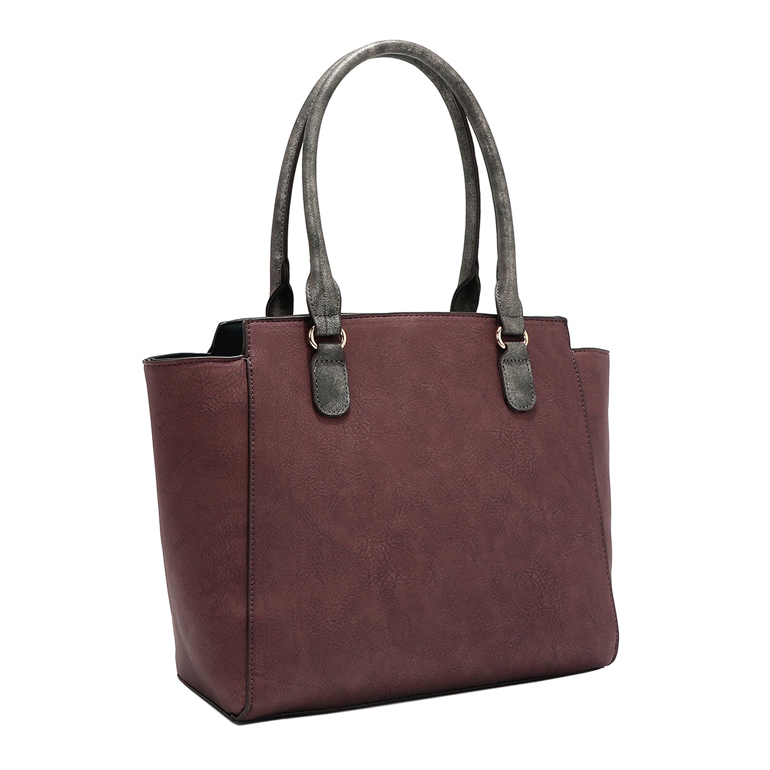 Back angle of the large Queen vegan leather structured handbag with dual top handles, part of THE QUEEN 3 PIECE SET (Handbag, Crossbody, Wallet). Burgundy red solid back with metallic gray handles for a pop of shimmer and elegance.
