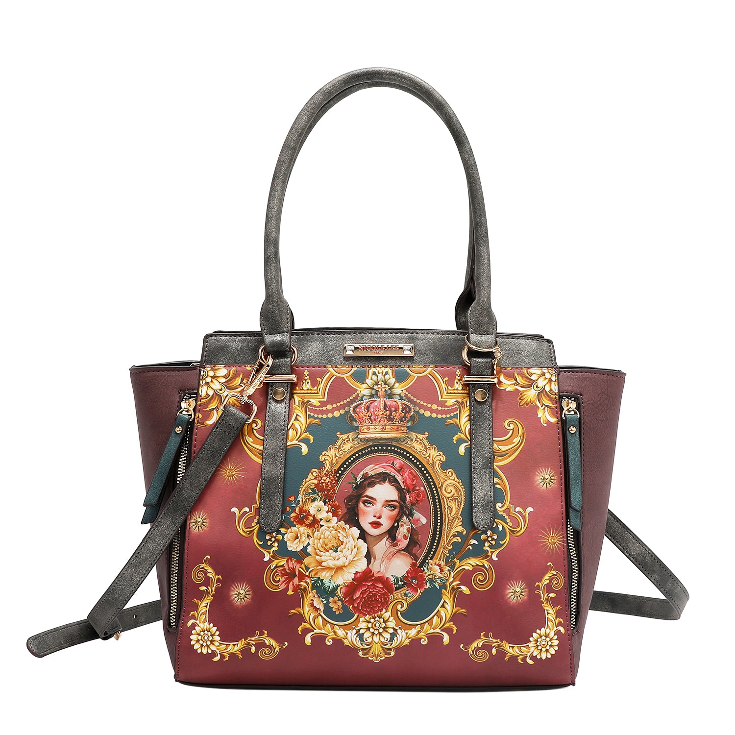 The Queen vegan leather structured handbag with dual top handles and optional shoulder strap attached, part of THE QUEEN 3 PIECE SET (Handbag, Crossbody, Wallet). Side zip pocket details with tassel zipper pulls and a captivating and stunning baroque-inspired print of a style queen fit for the royal family.