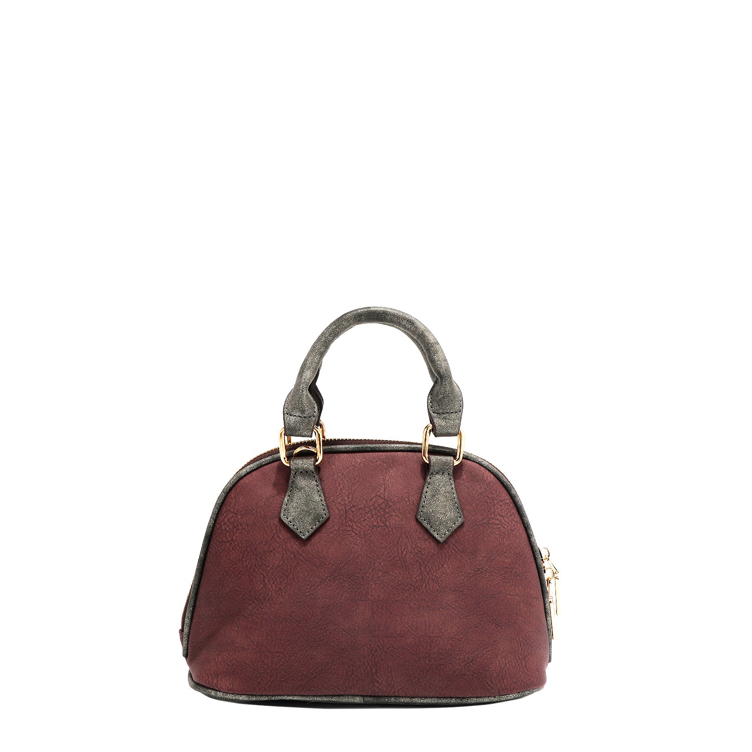 Back of the vegan leather the Queen dome-shaped crossbody, part of THE QUEEN 3 PIECE SET (Handbag, Crossbody, Wallet). Burgundy red colorway with gray accents finished with a  subtle metallic effect for a touch of shimmer wherever you go. Dual top handles and two-way main zip closure.
