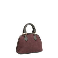 Back angle of the vegan leather the Queen dome-shaped crossbody, part of THE QUEEN 3 PIECE SET (Handbag, Crossbody, Wallet). Burgundy red colorway with gray accents finished with a  subtle metallic effect for a touch of shimmer wherever you go. Dual top handles and two-way main zip closure.