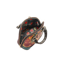 Interior of the vegan leather the Queen dome-shaped crossbody, part of THE QUEEN 3 PIECE SET (Handbag, Crossbody, Wallet). Burgundy red colorway with gray accents finished with a  subtle metallic effect for a touch of shimmer wherever you go. Dual top handles and two-way main zip closure. Exclusive premium heart print interior lining in polyester.