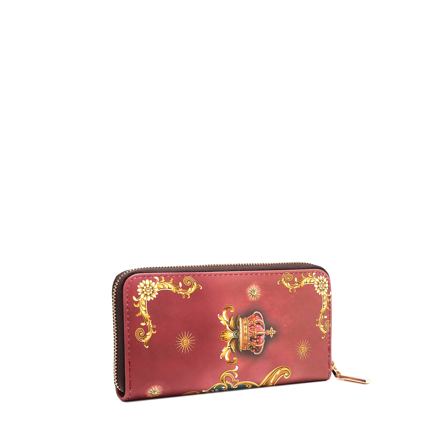 Back angle of the vegan leather the Queen bifold zip wallet, part of THE QUEEN 3 PIECE SET (Handbag, Crossbody, Wallet). A captivating and stunning baroque-inspired print of a style queen fit for the royal family. Burgundy red and dark teal colorway with gold-tone hardware. Main zip closure.