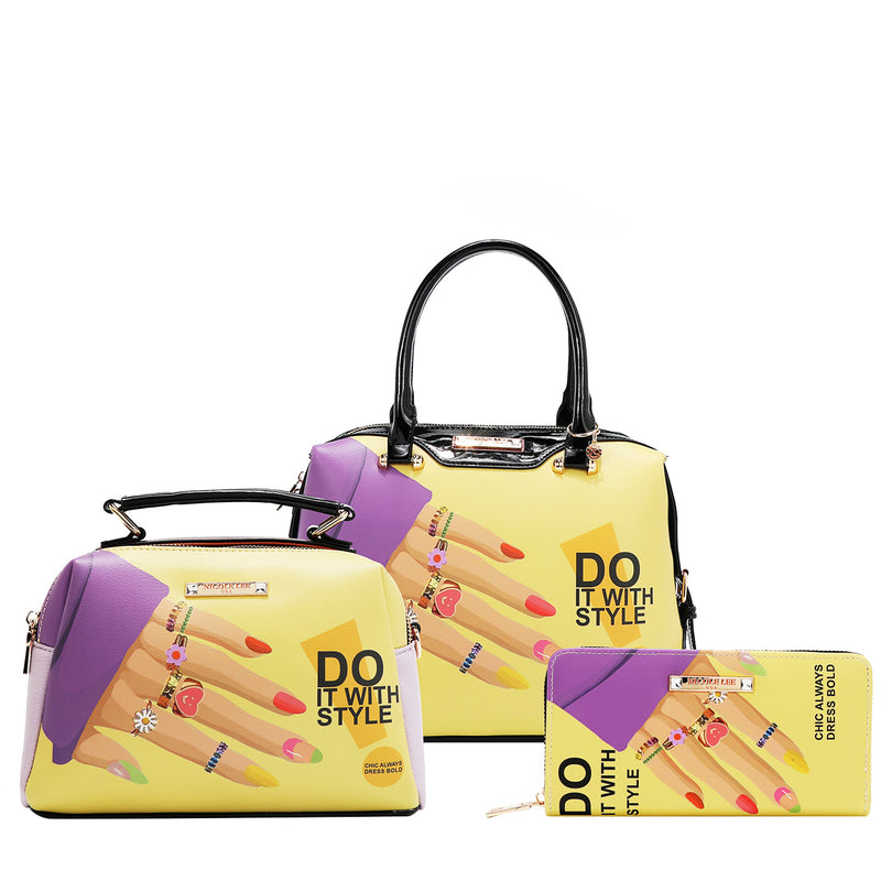 Our Nail polish 3 PIECE set that includes a Handbag, Crossbody, Wallet  with our nail polish design featuring colorful graphics set on a white background.
