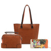 Back View of our SUN AND SAND 3 PIECE SET is  brown woven handbags including a large tote, small handbag, and wallet with tropical design set on a white background.
