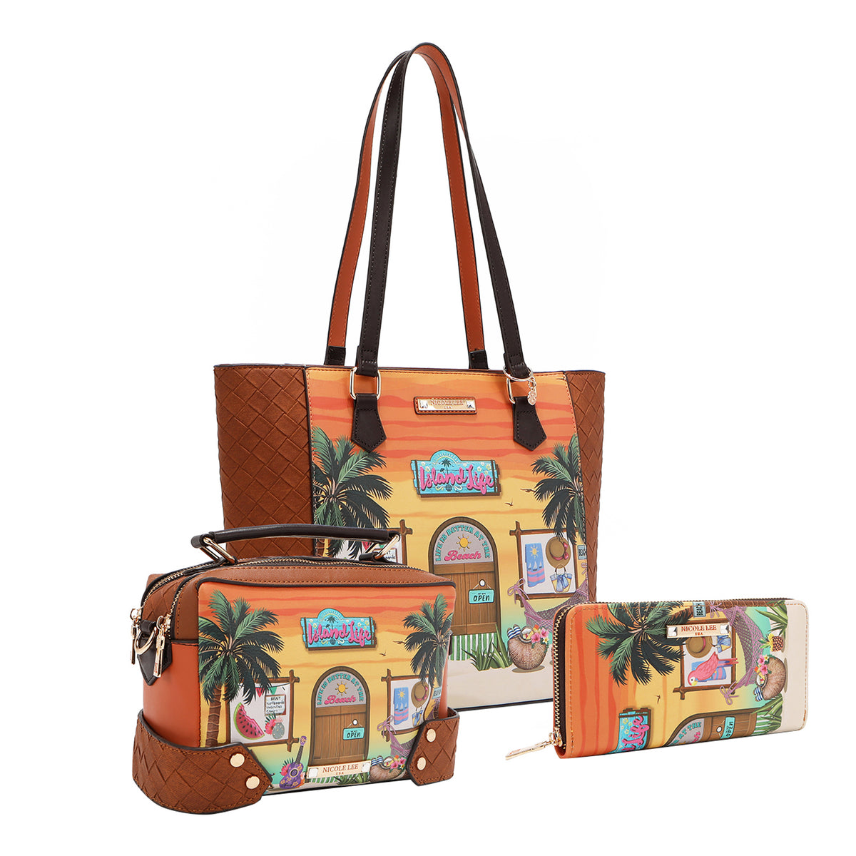 SUN AND SAND 3 PIECE set of three bags with a tropical design featuring palm trees and hut  set on a white background.